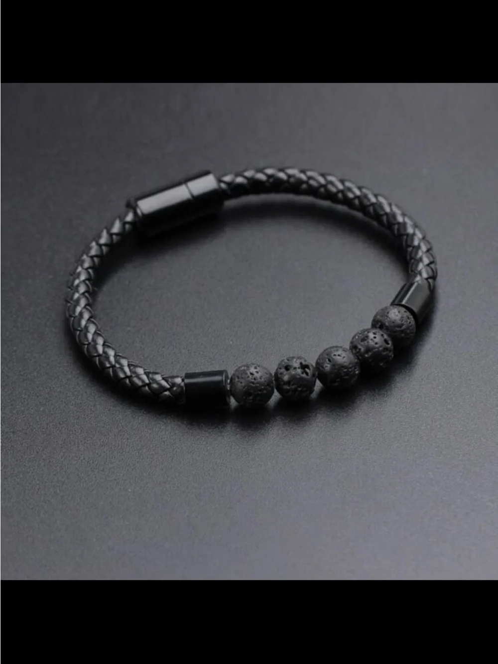 Men's Braided Leather Bracelet Black Lava Stone  ~NEW~